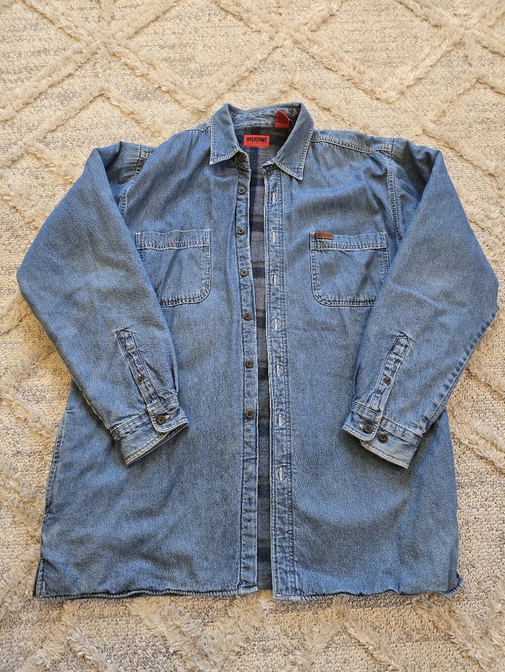 Wolverine Mens Large Tall Jean Jacket Flannel Blanket Lined Flap Chest Pockets